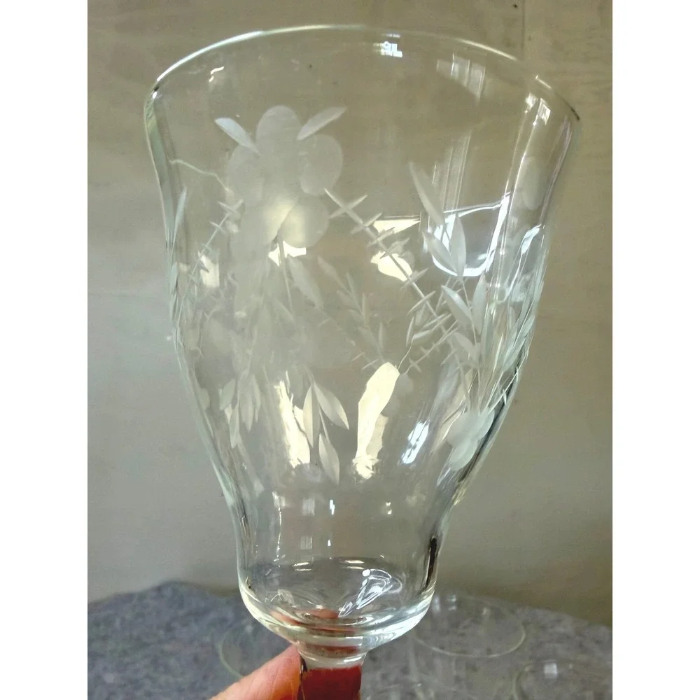 Vintage Etched Floral Crystal Wine Goblets Set of 5 Clear Glass Stemware‎ 7.25in